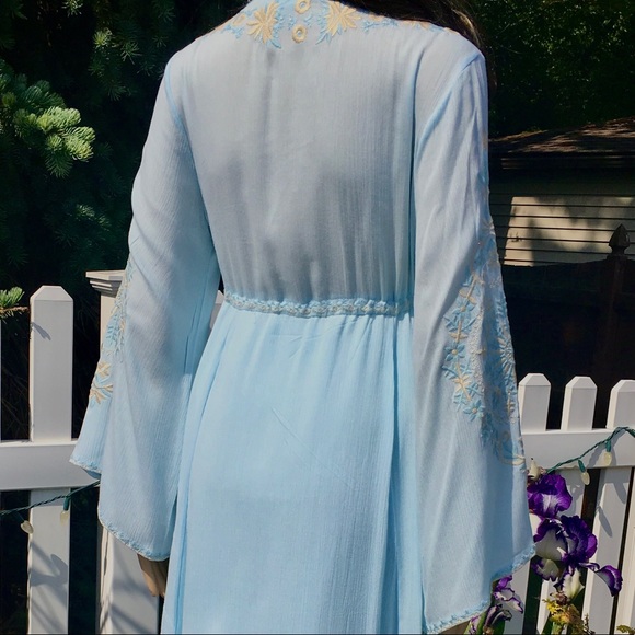 BOHO LIGHT BLUE PALE YELLOW FLOWERS HI-LO MIDI DRESS - Picture 10 of 10